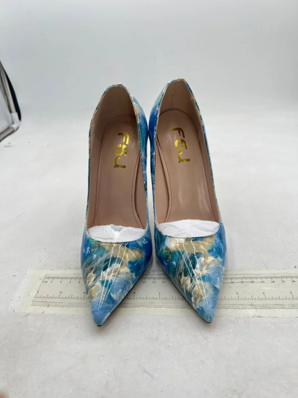 FSJ Blue Multi High Heel Pump Pointy Toe Evening Party Dress Print Shoes